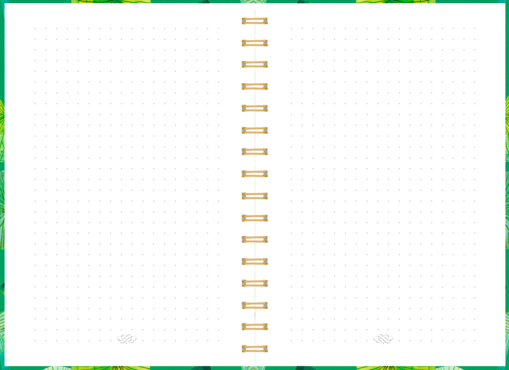 Aufgeschlagenes punktiertes Notizbuch mit goldener Spiralbindung und grünem Rand, Blätter im Hintergrund.