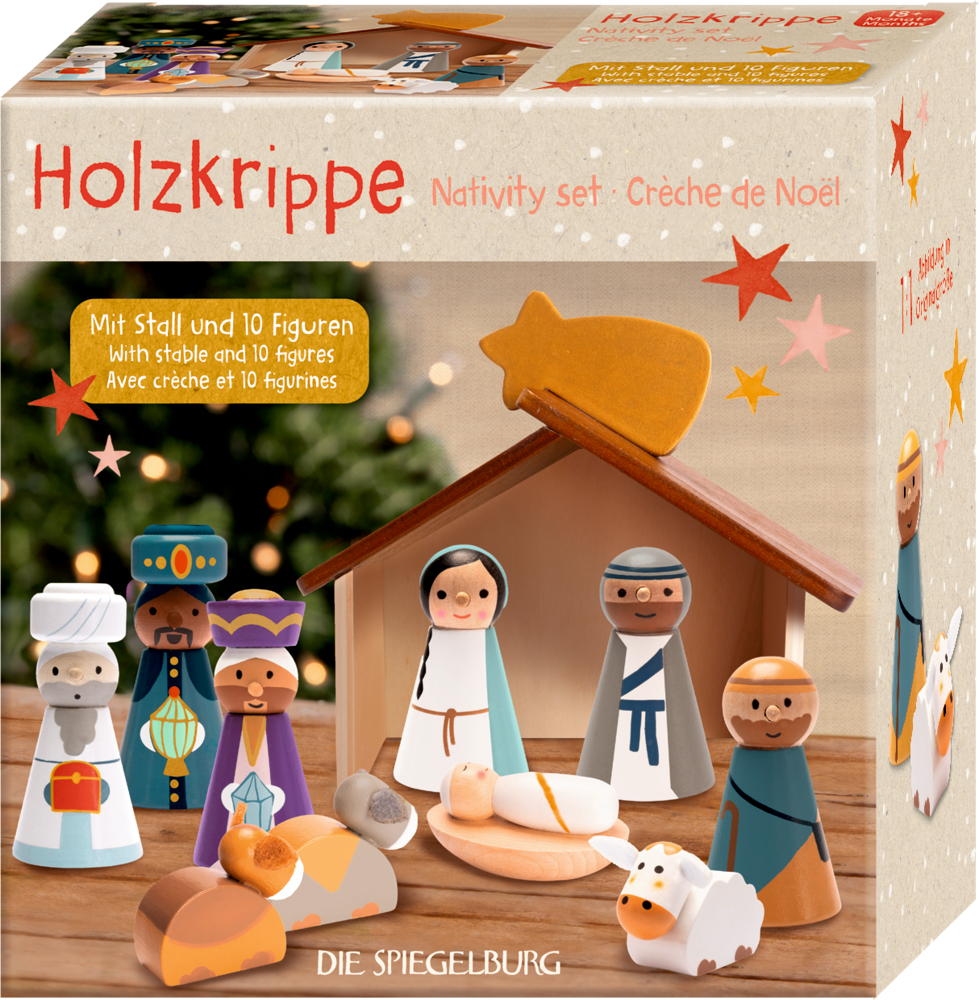 Pappschachtel mit einer Krippe aus Holz mit Stall und 10 bunten Figuren.
