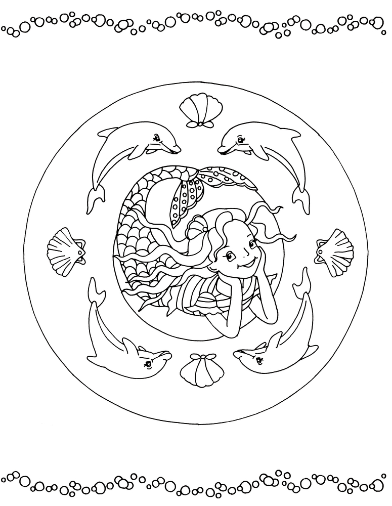 Lächelnde Meerjungfrau mit Delfinen und Muscheln in rundem Rahmen, umgeben von einem Rand aus Blasen.