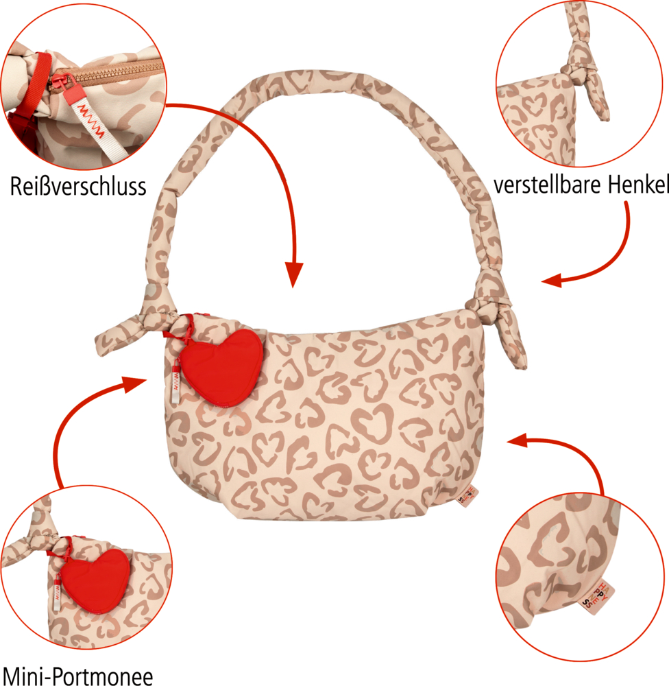 Beige Schultertasche mit Herz-/Leomuster, verstellbarem Henkel, Reißverschluss und rotem herzförmigem Mini-Portemonnaie.