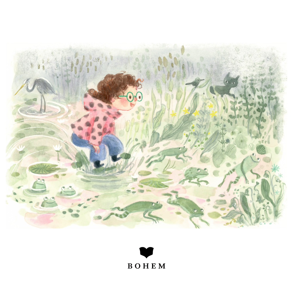 Ein Kind mit Brille und pinker Jacke springt über einen Teich. Dazu Frösche, Pflanzen und Tiere.