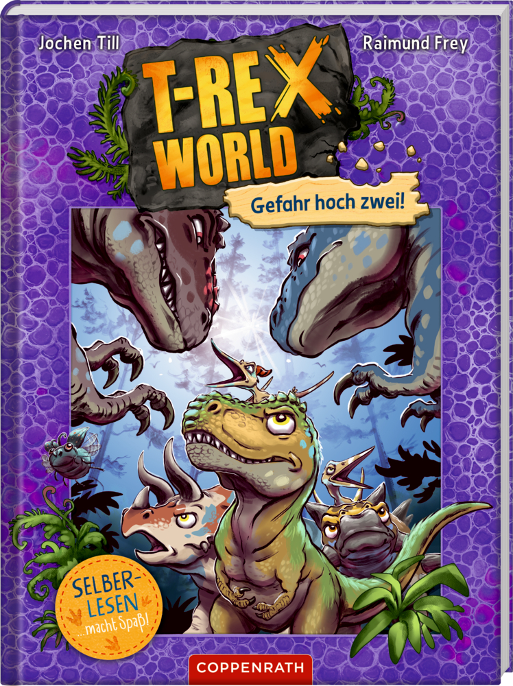 T-Rex World (Leseanfänger, Bd.4) - Gefahr hoch zwei! Cartoon-Dinosaurier, darunter ein grüner T-Rex, auf einem violetten Cover mit dem fettgedruckten Titel „T-REX WORLD“.