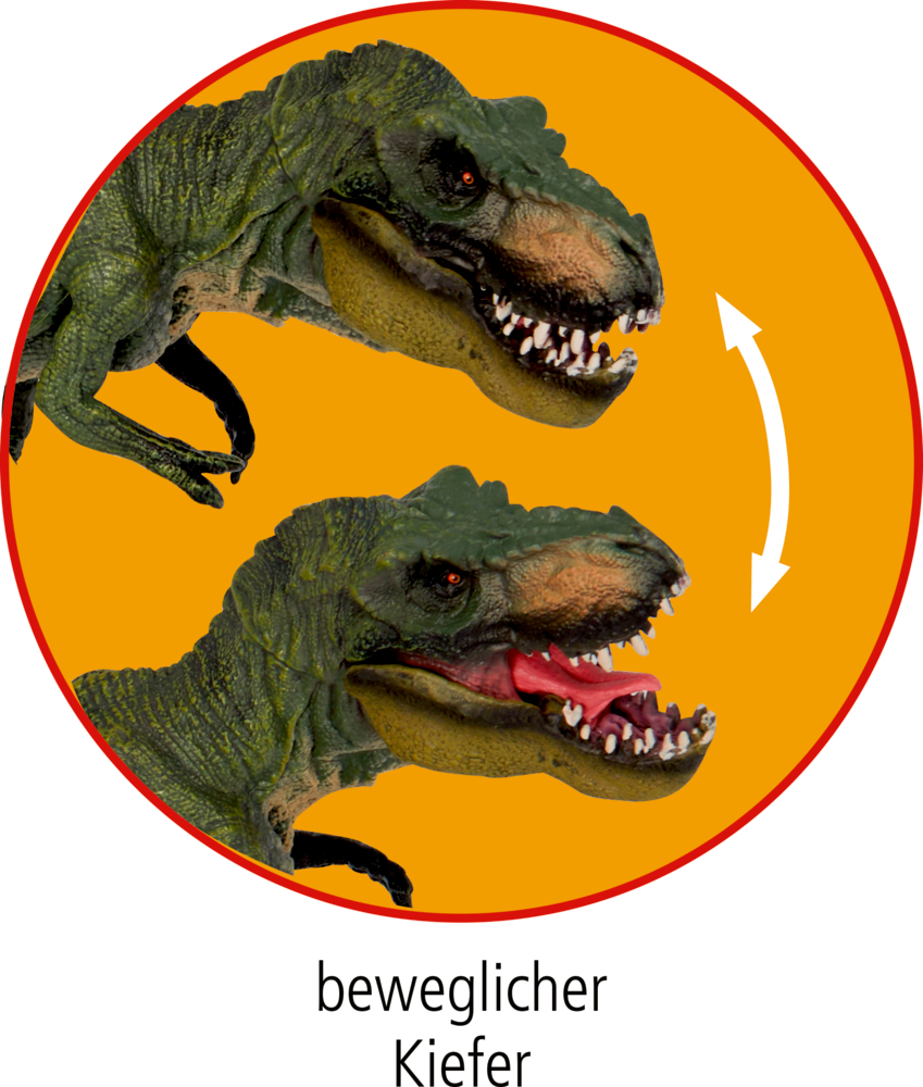 Grünes Dinosaurierspielzeug mit beweglichem Kiefer (offen und geschlossen) vor orangem Hintergrund.