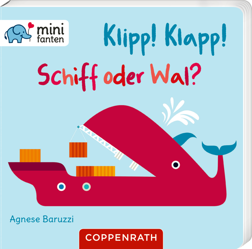 minifanten 44: Klipp! Klapp! Schiff oder Wal? Buchcover mit rotem Wal in Form eines Frachtschiffs mit dem Text „Schiff oder Wal?“ auf blauem Hintergrund.
