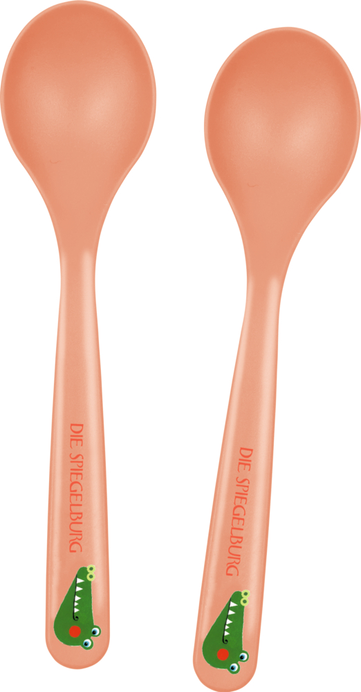 Löffel 2er-Set Krokodil - Freche Rasselbande Zwei pfirsichfarbene Kinderlöffel mit grünen Krokodilgesichtern und dem Aufdruck „DIE SPIEGELBURG“ auf den Griffen.