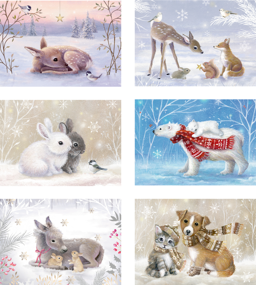 Sechs Wintertierillustrationen: Rehe, Hasen, Eisbären, ein Hund und eine Katze in verschneiten Szenen.