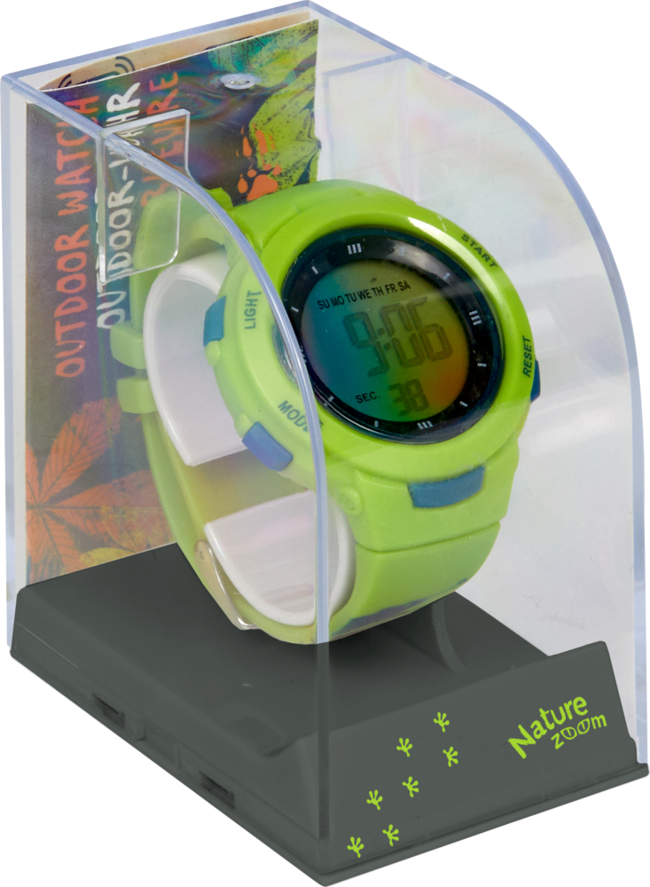 Grüne Digitaluhr Nature Zoom in durchsichtigem Kunststoffgehäuse mit schwarzem Boden und buntem Einsatz.