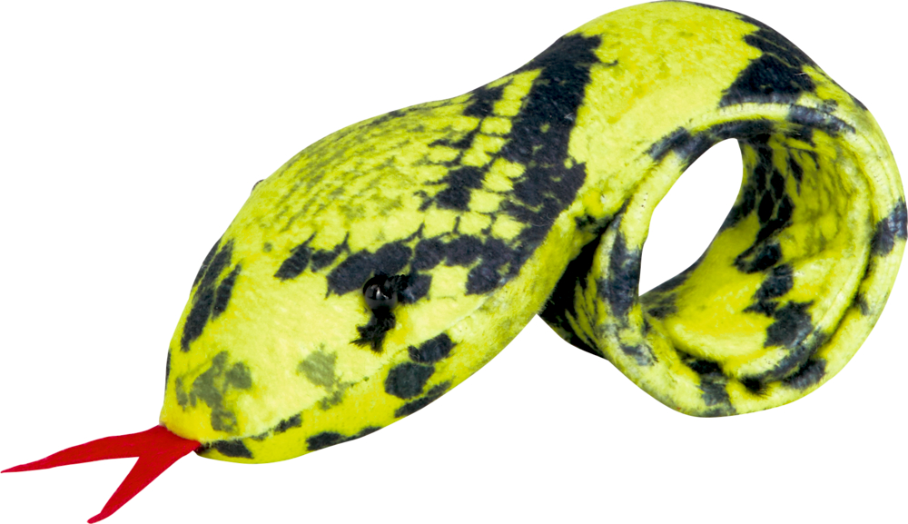 Eine gelb-schwarze Spielzeugschlange mit roter Zunge liegt zusammengerollt.