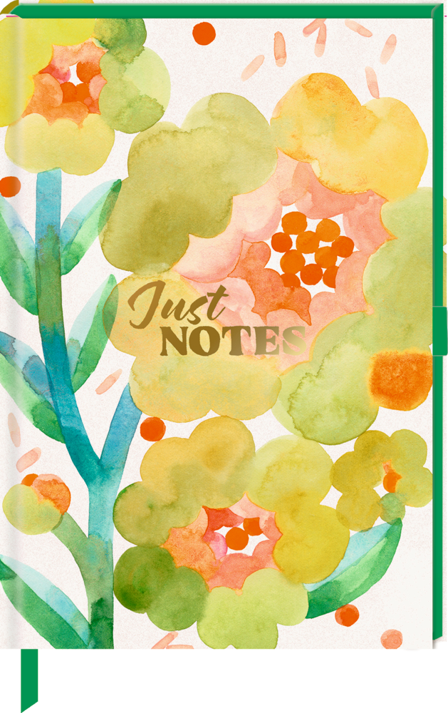 Aquarell Notizbuchcover mit grünen, gelben und orangen Blumen, Text Just NOTES zentriert.