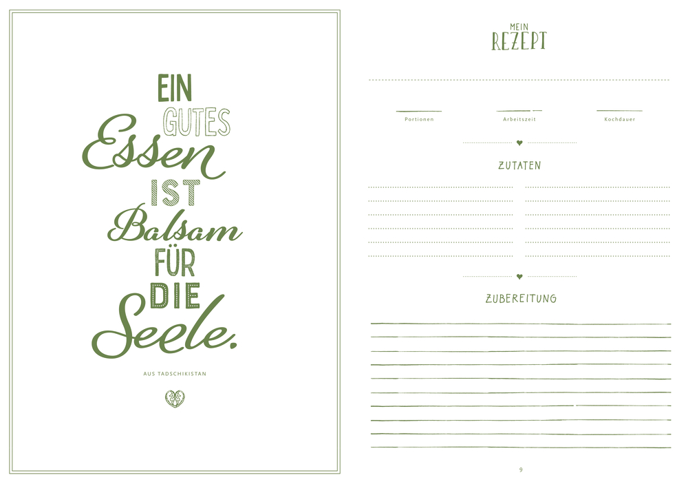 Zwei Abbildungen. Links: Zitat in grüner Schrift; rechts: leere Rezeptvorlage mit Abschnitten zu Zutaten und Anleitungen.
