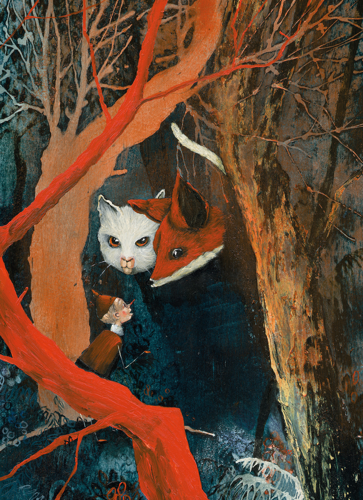 Eine weiße Katze, ein Fuchs und Pinocchio lugen hinter orangefarbenen Zweigen in einem dunklen, magischen Wald hervor.