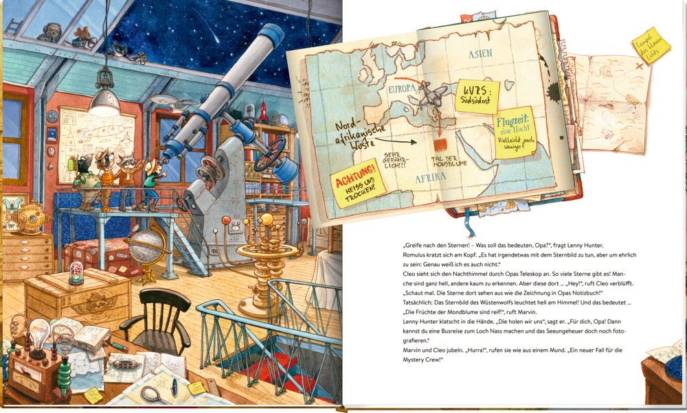 Ein überfülltes Observatorium mit einem Teleskop, Büchern, Karten und einem offenen Buch mit einer Karte und  Text auf der Doppelseite.