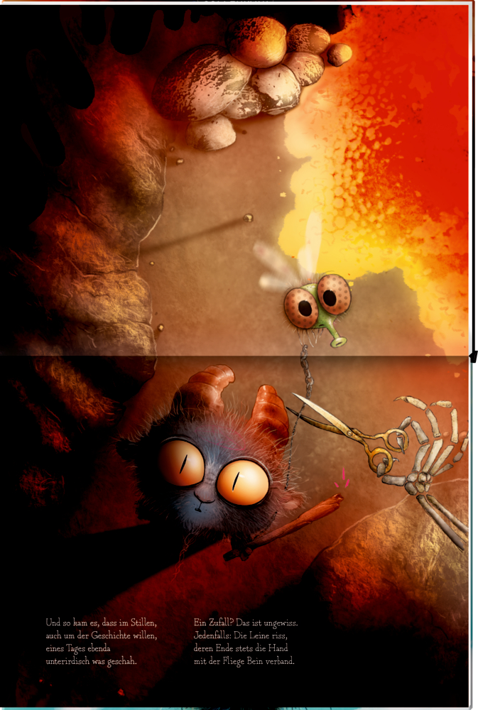 Auf einer Doppelseite mit Text ist ein Käfer mit großen Augen abgebildet der zu einer Skelett-Hand sieht, die ihn von dem Dämönchen los schneidet