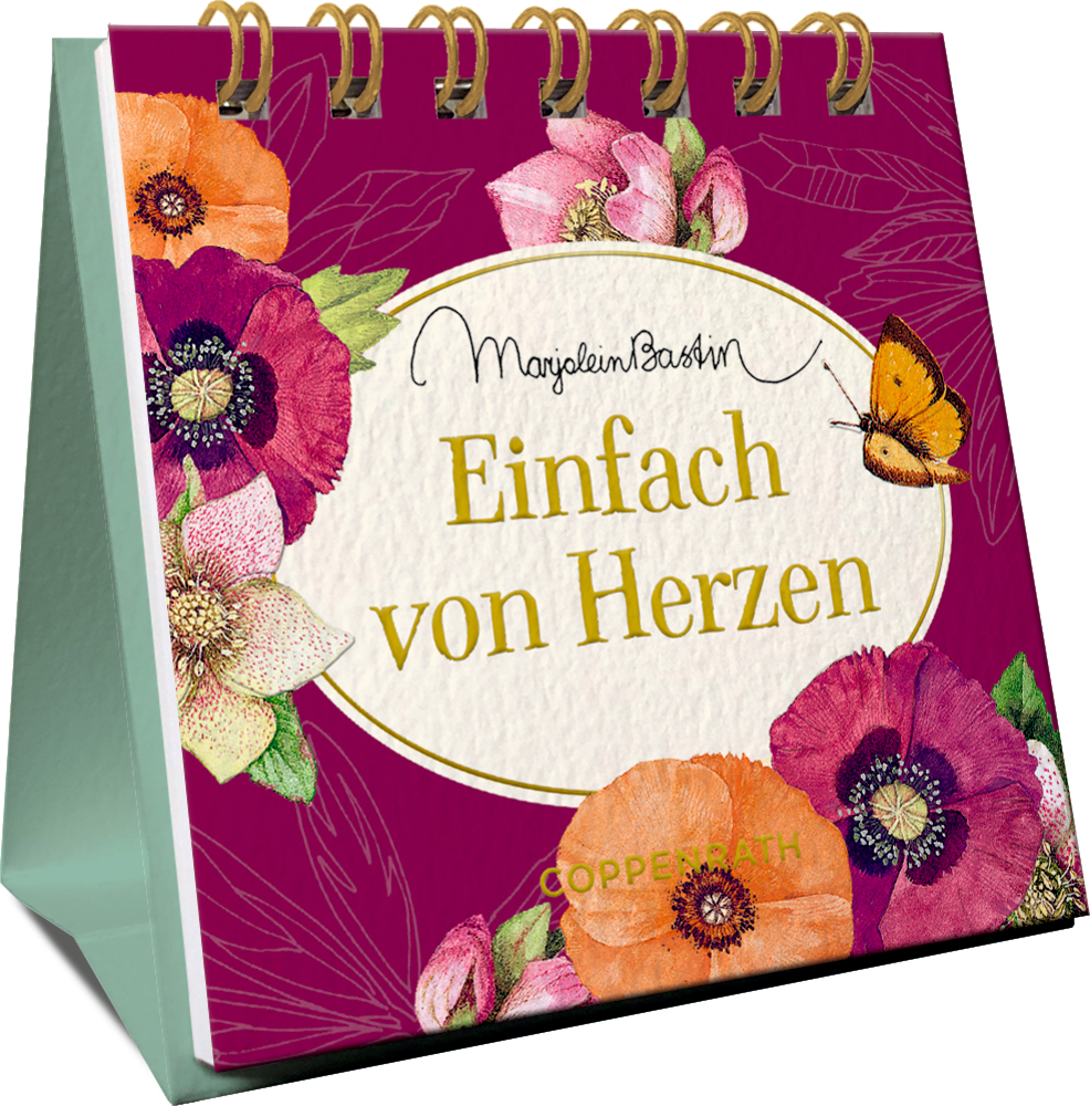 Mini-Spiralaufsteller: Einfach von Herzen (M. Bastin) Lilafarbener Spiralaufsteller in der seitlichen Perspektive mit Blumen, einem Schmetterling und dem Titel „Einfach von Herzen“ auf dem Cover.