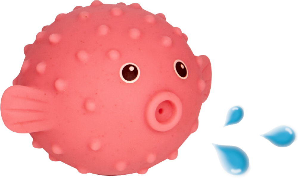 Ein pinkes, stacheliges Kugelfisch-Spielzeug versprüht Wassertropfen aus dem Mund.