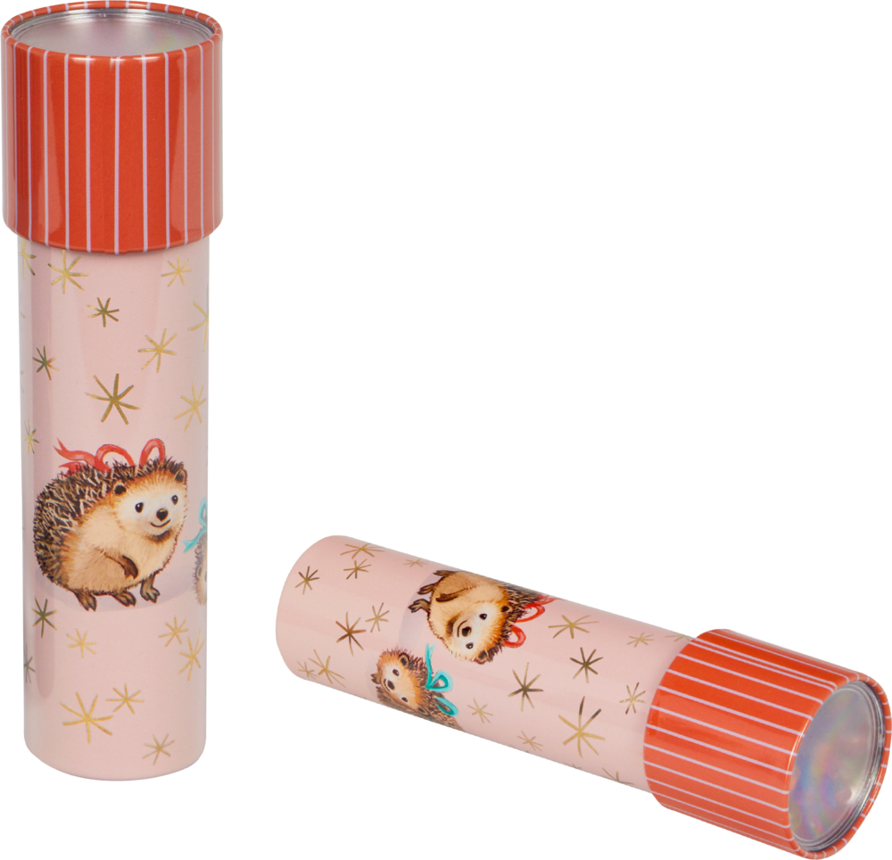 Zwei rosa Kaleidoskope mit roten Enden, mit lächelnden Igeln und goldenen Sternmustern.