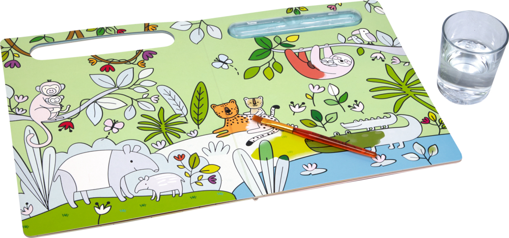 In vier Schritten wird gezeigt, wie mit Pinsel und Waßer eine Meereßzene ausgemalt wird.