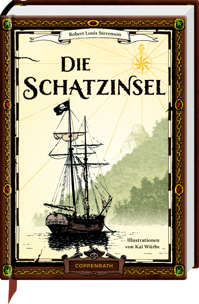 Buchcover von „Die Schatzinsel“ mit einem Piratenschiff, Bergen und einem kunstvollen Randdesign.