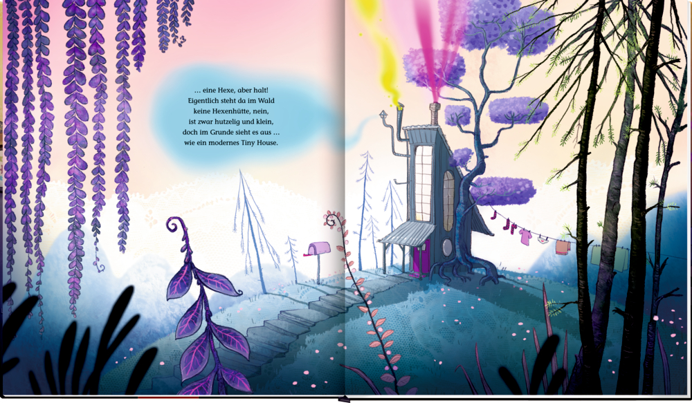 Wunderliches Haus mit violetten Bäumen, aufsteigendem Rauch und rosa Blumen in einem bezaubernden Zauberwald, auf einer Doppelseite mit Reimen.