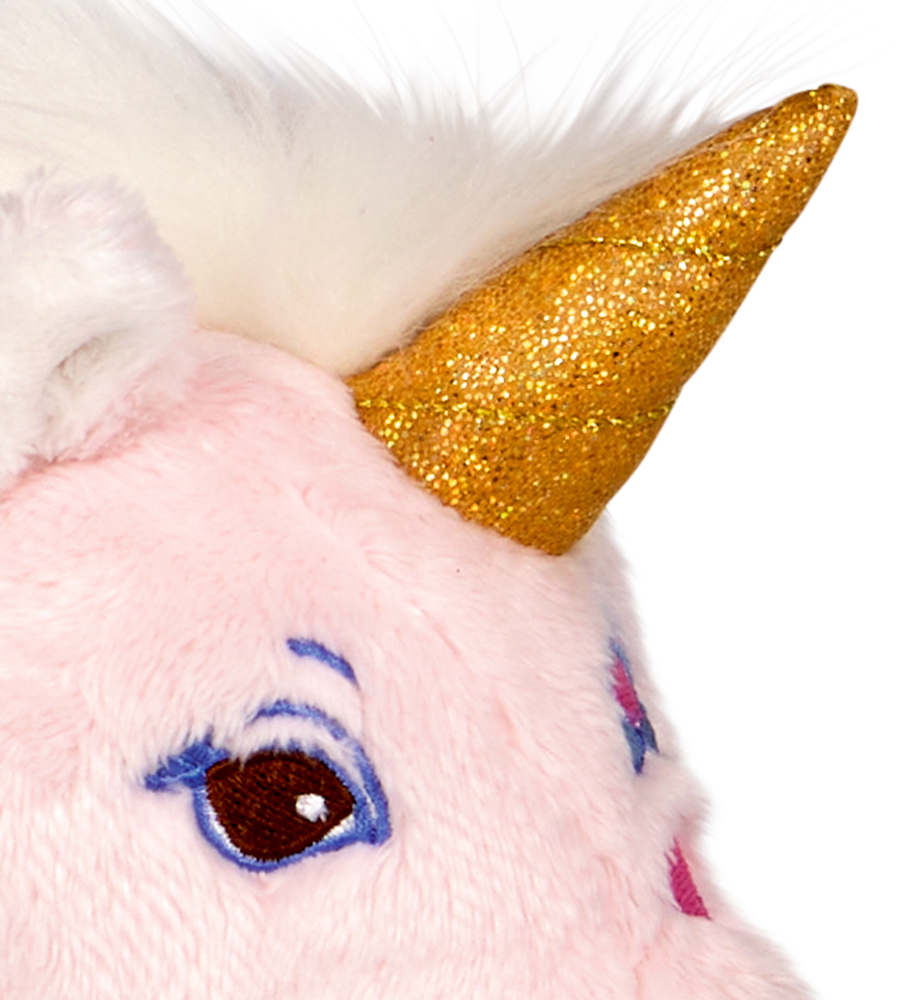 Nahaufnahme eines plüschigen rosa Einhorns mit einem glitzernden goldenen Horn und blau umrandeten Augen.