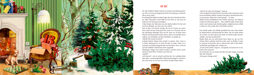 Gemütliche Weihnachten: geschmückter Baum, Geschenke, Stuhl, Kamin und ein Hund, vor einem Schachbrett sitzend.