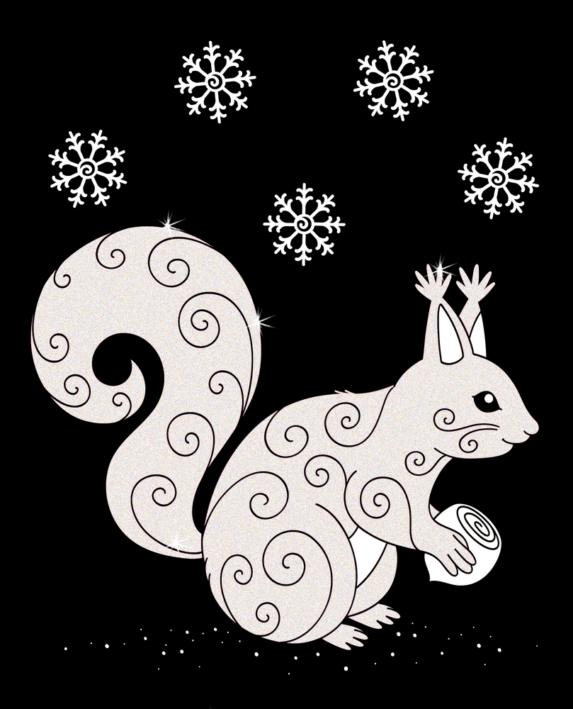 Ein weißes Eichhörnchen hält eine Nuss in den Vorderpfoten und ist umgeben von Schneeflocken auf schwarzem Hintergrund.