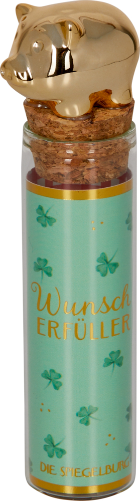 Glasfläschchen mit Korken und goldener Schweinefigur oben drauf, beschriftet mit „Wunscherfüller“ und Kleeblattverzierungen.