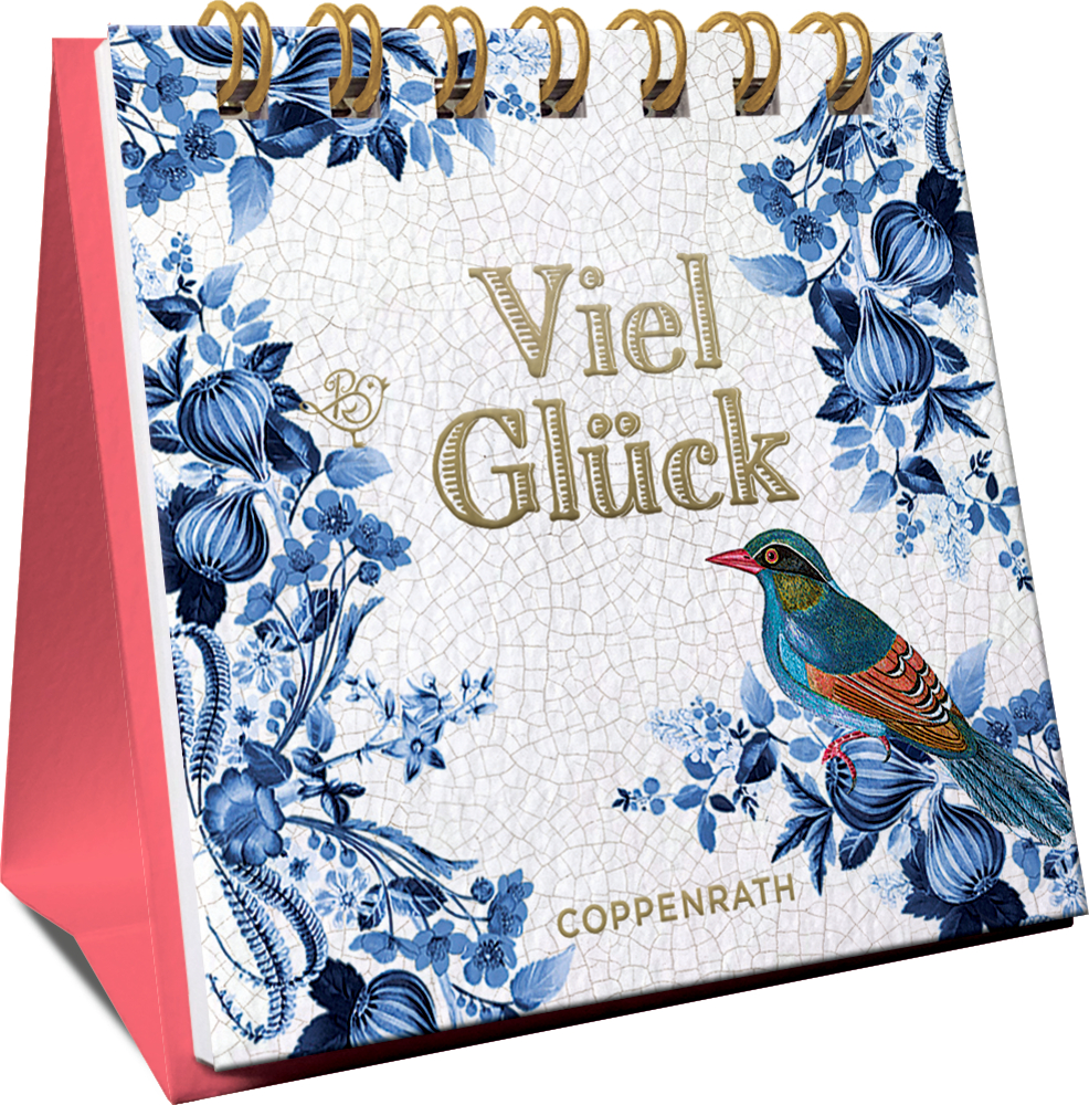 Mini-Spiralaufsteller: Viel Glück (B. Behr) Blumiger Spiralaufsteller mit „Viel Glück“ und einem bunten Vogel auf weißem, blauem und rosa Hintergrund, in einer seitlichen Ansicht.
