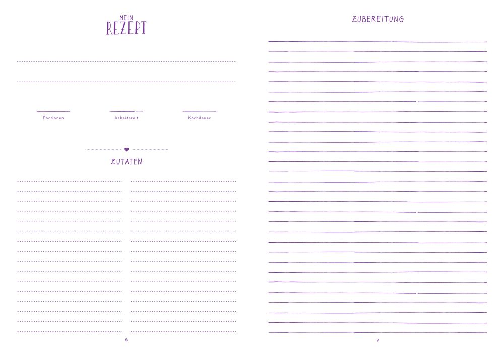 Leere Rezeptvorlage mit Feldern für Zutaten, Portionen, Zubereitungszeit, Kochzeit und Zubereitungsschritte.