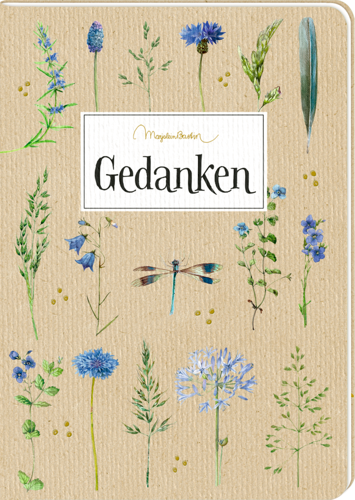 Blaue aquarellfarbene Wildblumen, Gräser, eine Feder und eine Libelle rahmen das Wort „Gedanken“ auf einem Notizbuchumschlag ein.