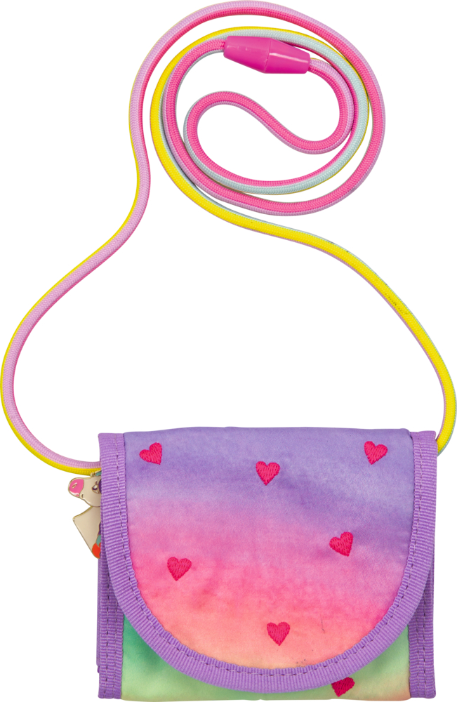 Regenbogen-farbener Brustbeutel mit rosa Träger und roten gestickten Herzen auf violettem, pinkem und grünem Stoff.