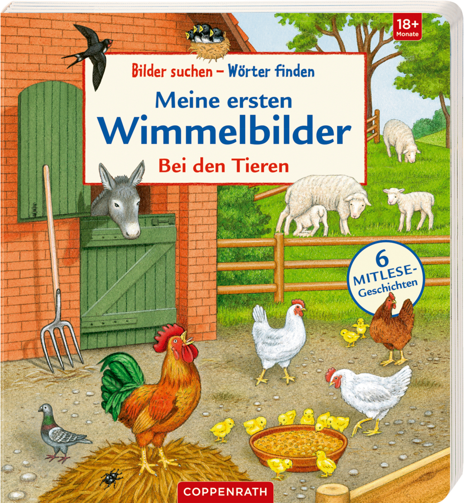 Bilder suchen - Wörter finden: Meine ersten Wimmelbilder - Bei den Tieren Bauernhof-Buchcover mit Esel, Schafen, Hühnern, Hahn und Küken neben einer Scheune.