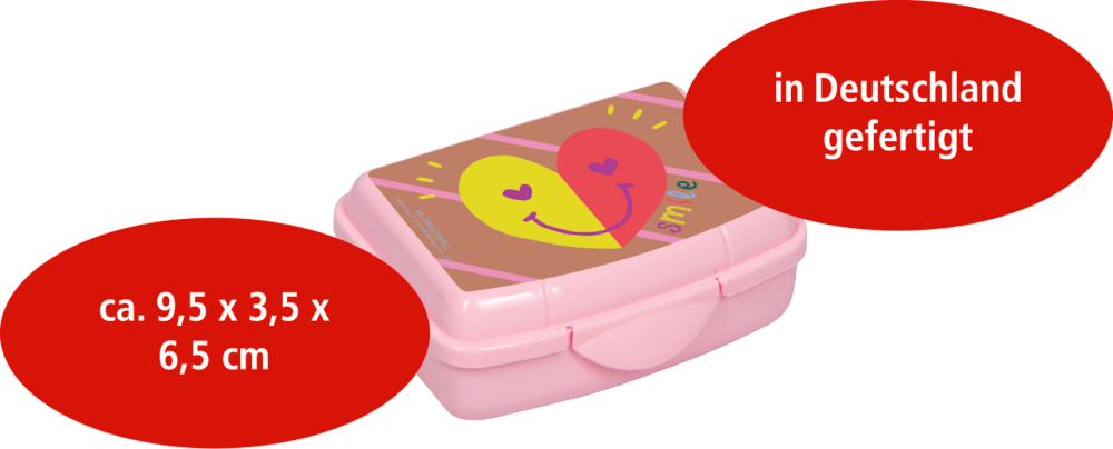 Rosa Lunchbox mit lächelndem Herzmotiv, Maße 9,5 x 3,5 x 6,5 cm, hergestellt in Deutschland.