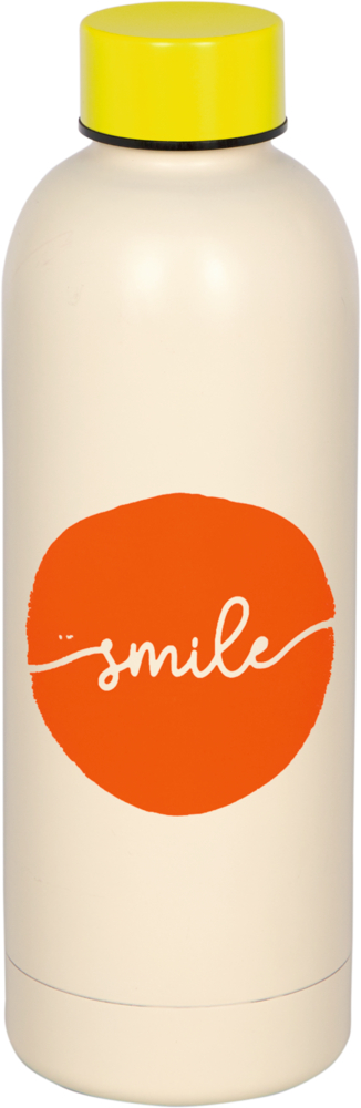 Beige Flasche mit gelbem Deckel und orangefarbenem Kreis, darauf steht smile in weißer Schrift.