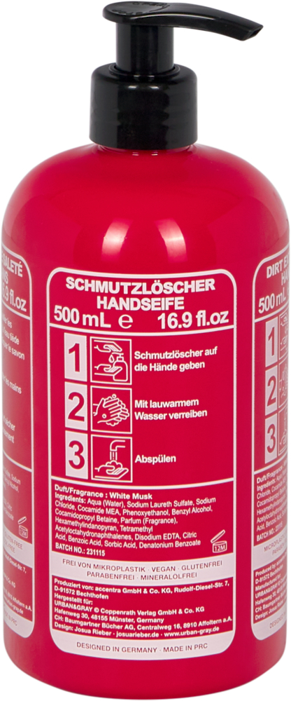 Rote Flasche mit Pumpspender, vorne Etikett mit Anleitung und Inhaltsstoffen.