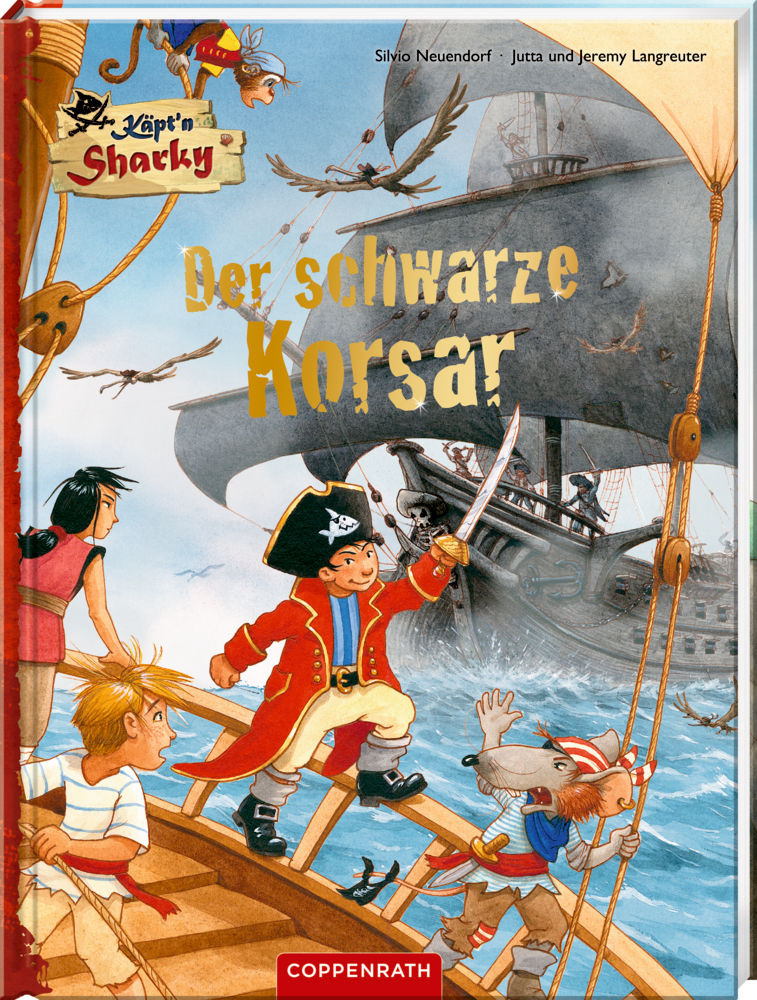 Käpt'n Sharky - Der schwarze Korsar Piraten auf einem Schiff treten auf See gegen ein dunkles Piratenschiff an; Titel: Der schwarze Korsar.