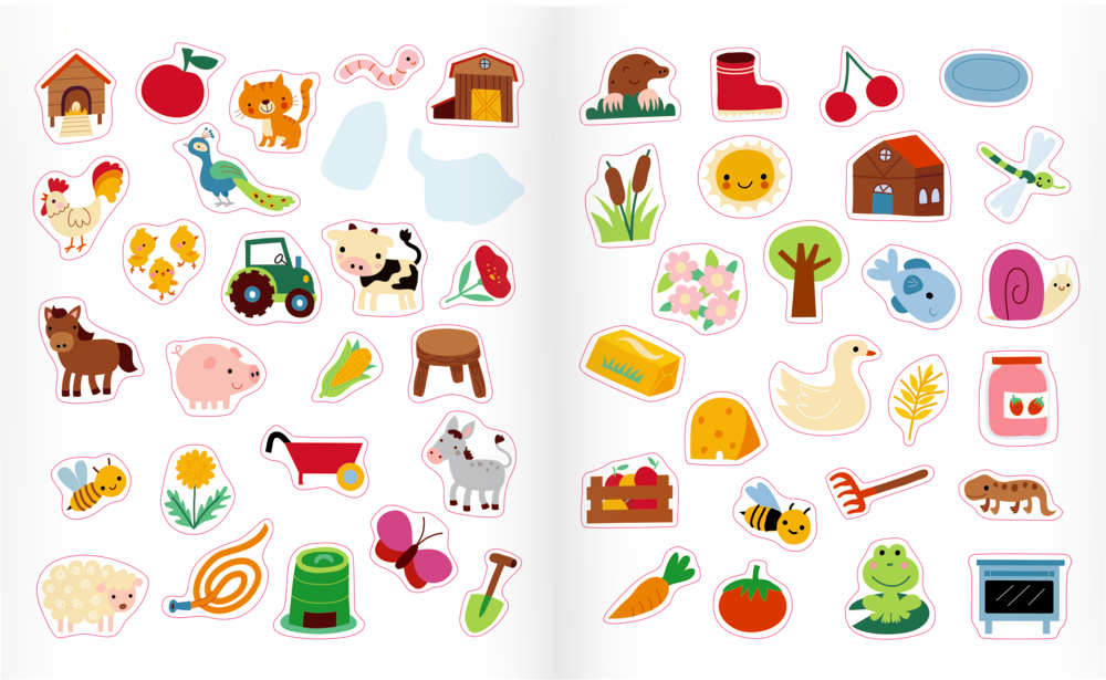 Bunte Aufkleber mit Nutztieren, Pflanzen, Früchten und Werkzeugen auf weißem Hintergrund.