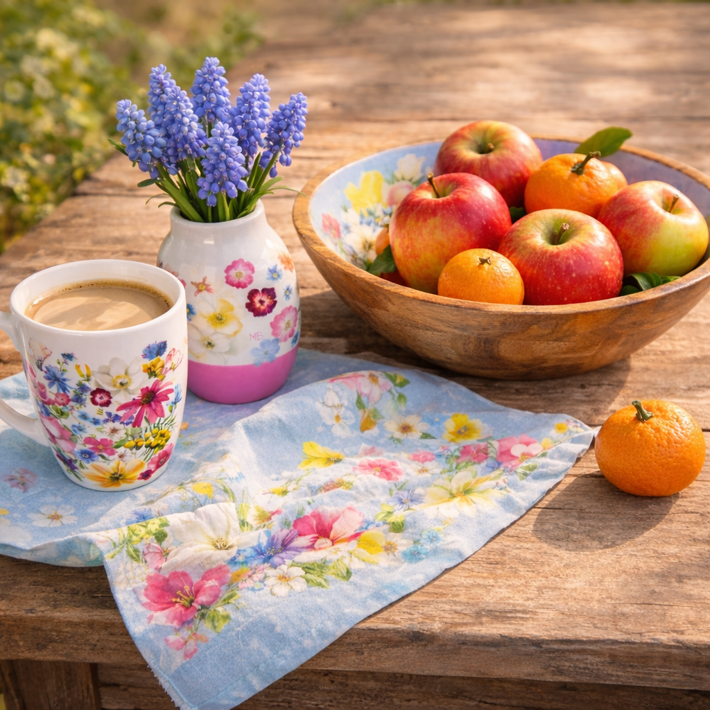 Schale, Tasse, Vase und Tuch mit bunten Blumen und Obst auf altem Holztisch
