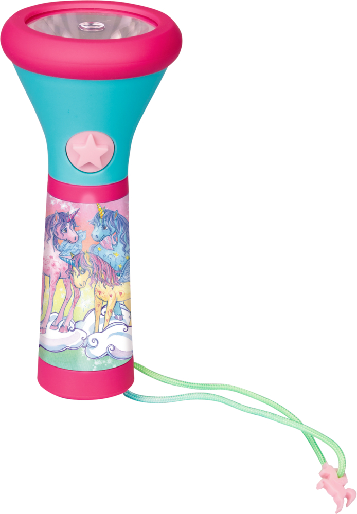 Taschenlampe Einhorn-Paradies Bunte Einhorn-Taschenlampe für Kinder mit rosa Knopf, grüner Handschlaufe und sternförmigem Anhänger.