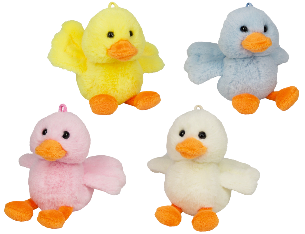 Vier Plüschküken in Gelb, Blau, Rosa und Weiß mit orangefarbenen Schnäbeln und Füßen.