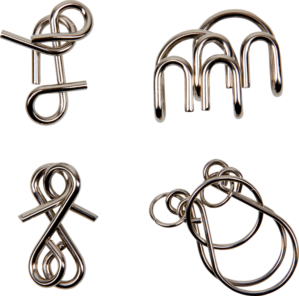 Geschicklichkeitsspiel CRAZY METAL - Urban&Gray Satz aus vier unterschiedlichen Denksportaufgaben aus Metalldrähten, angeordnet auf einem weißen Hintergrund.