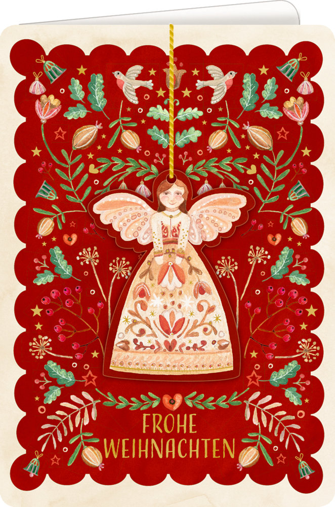 Festliche Karte mit Engelsornament, „Frohe Weihnachten“-Schriftzug und floralen Akzenten auf rotem Hintergrund.
