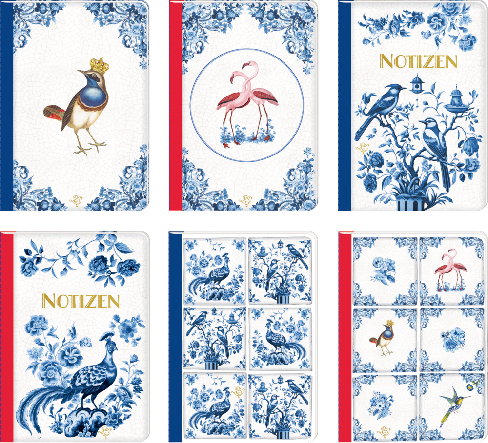 Notizheft DIN A6 - Edition Barbara Behr Sechs blau-weiße Notizbücher mit Vogel- und Blumenmotiven; auf einigen Umschlägen steht das Wort „Notizen“.