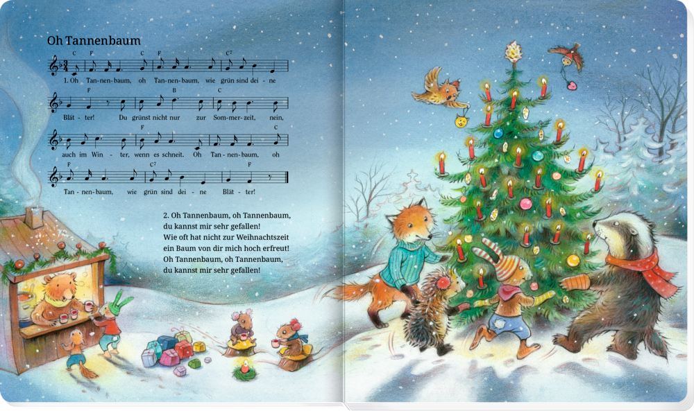 Tiere tanzen um einen Weihnachtsbaum im Schnee, Links sind Noten und Liedtexte zu sehen, auf einer Doppelseite.