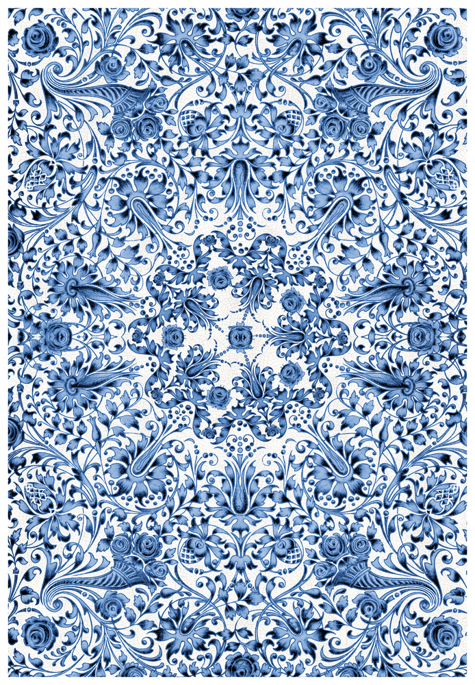 Blau-weißes Vintage-Paisleymuster mit Blumenmuster und symmetrischen, verzierten Details.