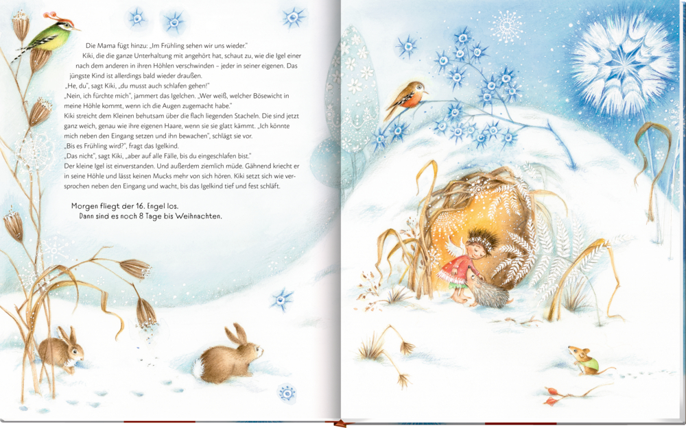 Illustration mit kleinem Engel, der einem Igel in eine Höhle im Schnee hilft, umgeben von Tieren und winterlicher Landschaft.