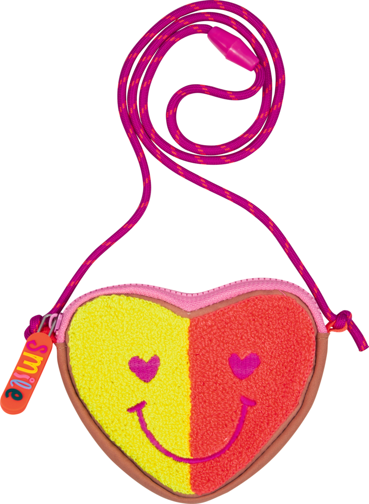 Herzförmiges Münzetui mit Smiley-Gesicht, geteilt in Gelb und Rot, mit pink-lila Trageriemen.