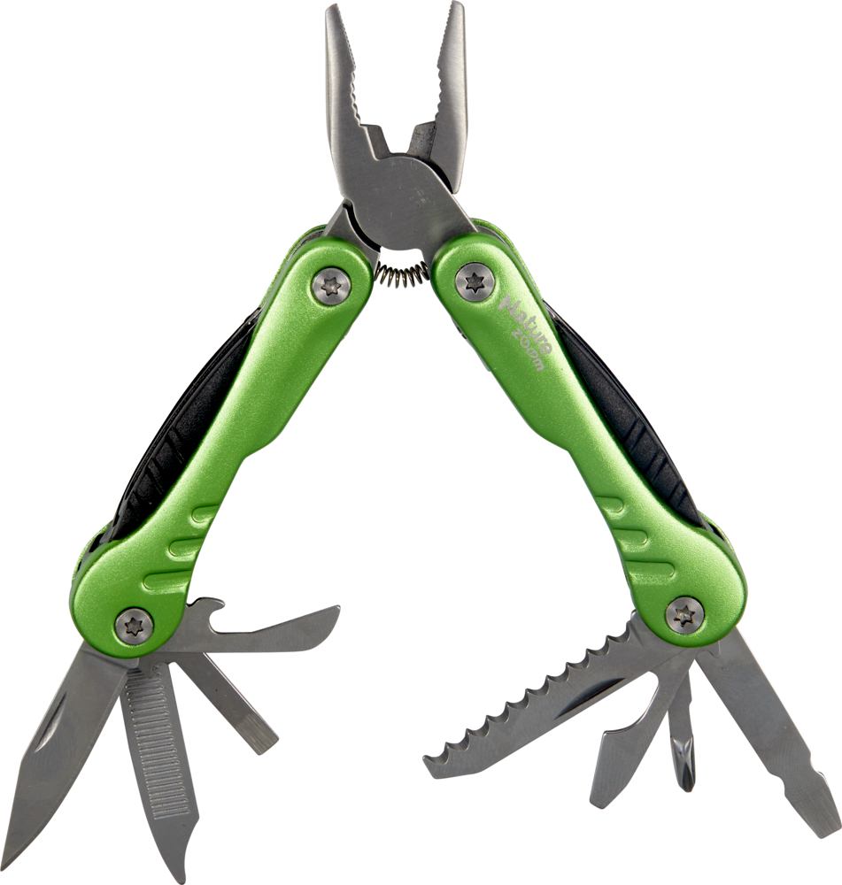 Grünes Multitool mit ausgefahrenen Aufsätzen für Zange, Messer, Schraubendreher, Feile, Flaschenöffner und Säge.