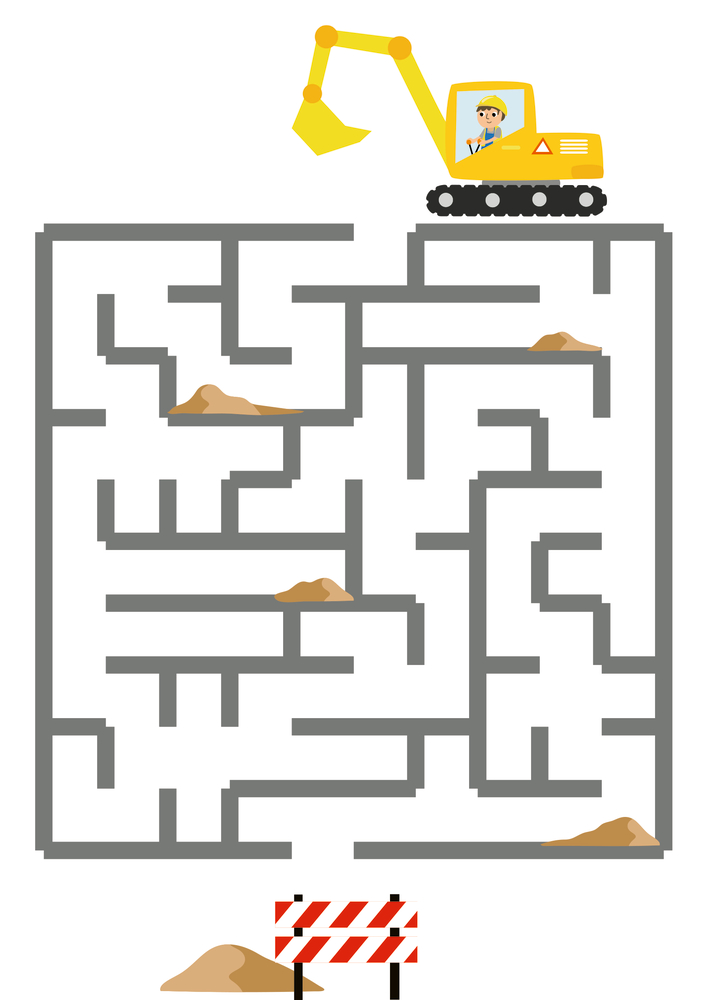 Ein gelber Bagger sucht den Weg durch ein Labyrinth zu einem Erdhaufen und einer Baubarriere, auf einer Rätselseite.