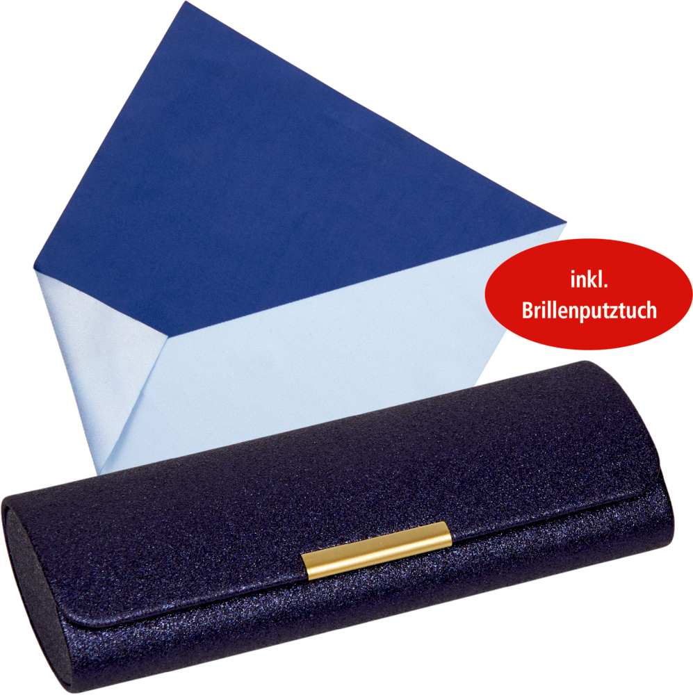 Dunkelblaues Brillenetui mit goldenem Verschluss, zusammen mit einem blau-hellblauen Reinigungstuch.